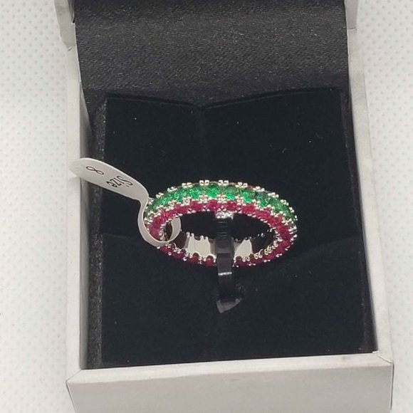 PEERMONT JEWELRY Jewelry - 18k White Gold Plated ring 3 row eternity with pink and green cubic zirconia sto